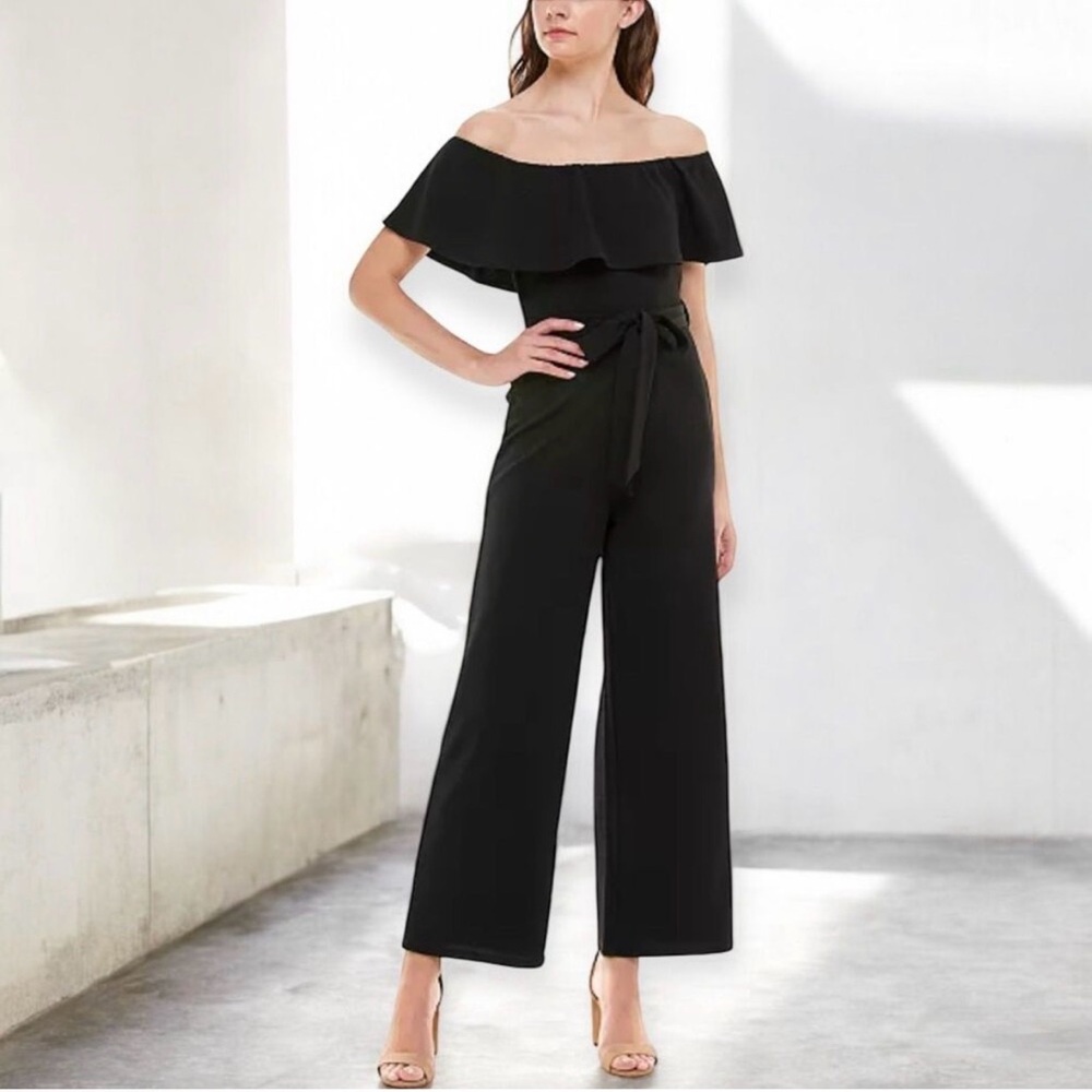 Almost Famous Ruffle Flounce Black Off-Shoulder Jumpsuit Size M